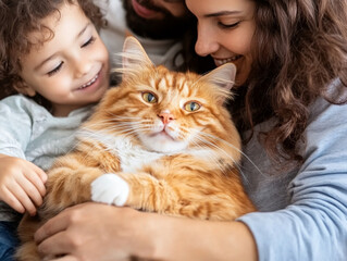 A family gathered on the couch with their pet cat, petting it as it purrs contentedly, showing the bond between pets and owners.