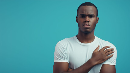 Fototapeta premium Portrait of a young man smiling with arms crossed, against blue studio background