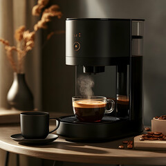 Sleek Modern Coffee Maker with Steaming Cup of Coffee on Wooden Countertop in Cozy Kitchen Setting