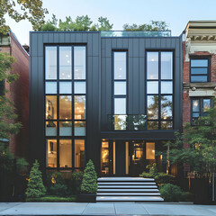 Modern Minimalist Townhome Featuring Black and White Facade with Contemporary Design Elements