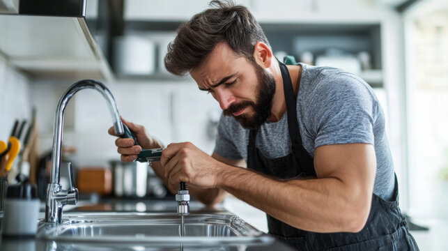 A handyman repairing a broken faucet in a modern kitchen, using tools to fix a leaking pipe under the sink.