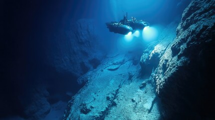 Fototapeta premium Submarine in the Mariana Trench, descending into the Earth deepest point.