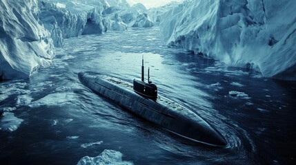 Submarine navigating icy waters beneath the polar ice caps, with glaciers visible above.