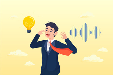 Smart businessman listen to information to understand idea, active listening, communication skill to process information for job effectiveness, engage or aware on discussion or conversation