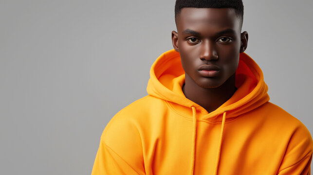 A young man with dark skin wears a oringe hooded sweatshirt.