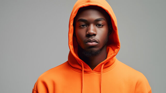 A young man with dark skin wears a oringe hooded sweatshirt.
