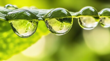 A high-definition macro photograph of crystal-clear water droplets delicately perched on the surface of a vibrant green leaf after a fresh rain.