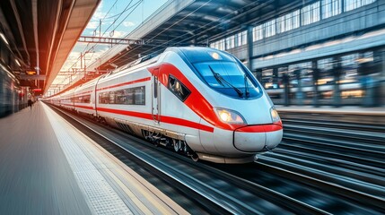 Fototapeta premium High-Speed Train Passing Through Modern Station