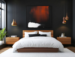 A modern bedroom with a statement wall, sleek furniture, and luxurious bedding, creating a sophisticated retreat.