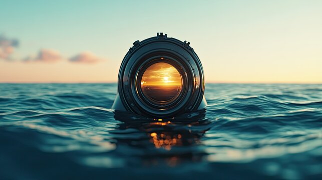 Submarine periscope breaking through the surface of the calm ocean, scanning the horizon.