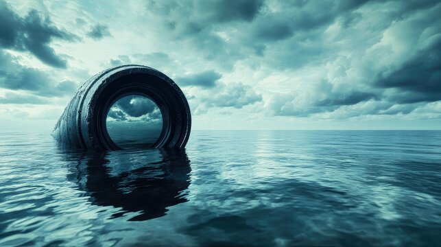 Submarine periscope breaking through the surface of the calm ocean, scanning the horizon.