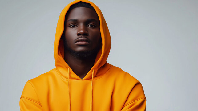 A young man with dark skin wears a oringe hooded sweatshirt.