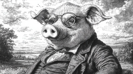 Elegant pig in victorian attire with glasses in detailed sketch