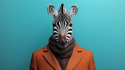 Anthropomorphic zebra wearing an orange coat and scarf, isolated on a blue background, studio shot.