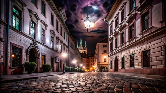 Surreal Nightscape of Brno's Old Town, Havla Street Illuminated by Dreamlike Lights