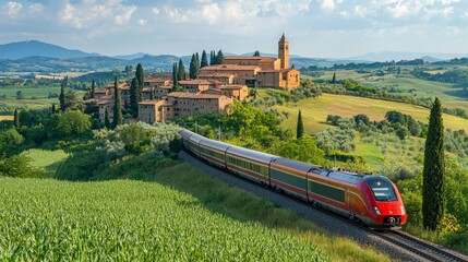 Scenic Train Passing By Rural Villa Landscape
