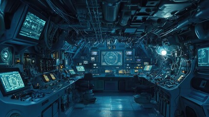 Fototapeta premium Submarine interior control room, full of radar equipment and illuminated displays.