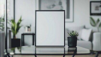 Fototapeta premium A minimalist scene featuring a blank frame and a potted plant on a reflective table.