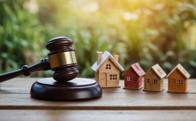 Wooden houses and judge's hammer. Real estate court decisions. Property inheritance litigation. Establishment of ownership.
