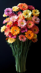 Obraz premium A bouquet of brightly colored Gerbera flowers. Each Gerbera has large green leaves, arranged in a cluster, creating a lively and fun bouquet.