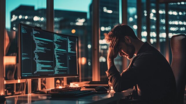 A man is sitting at a desk with a computer monitor in front of him