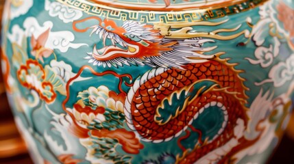 Obraz premium This image showcases a colorful, intricate Chinese dragon motif on a porcelain vase, embodying traditional art with vibrant accents and cultural symbolism.