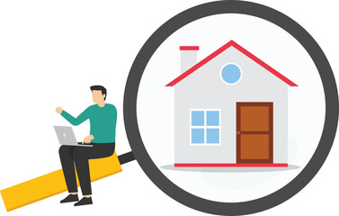 With a magnifying glass and houses. Real estate search concept. Flat vector illustration

