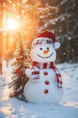 Cute snowman in heavy snow covered wild field at sunrise