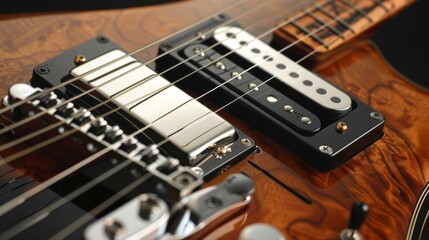 A detailed close-up of electric guitar strings and pickups, showcasing intricate craftsmanship, modern design, and vibrant wood patterns. Ideal for music enthusiasts.