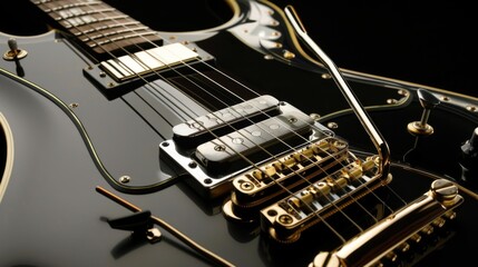 This image showcases a close-up of an elegant electric guitar featuring black lacquer and gold hardware, emphasizing the intricate strings, pickups, and tremolo arm.