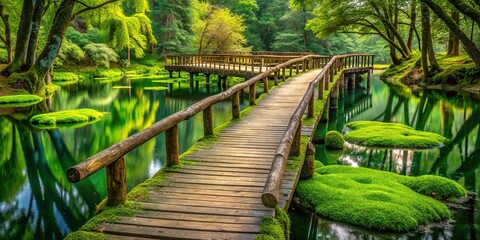 Obraz premium Lush and vibrant moss covering a wooden bridge in a serene lake environment, outdoors, nature, plant life