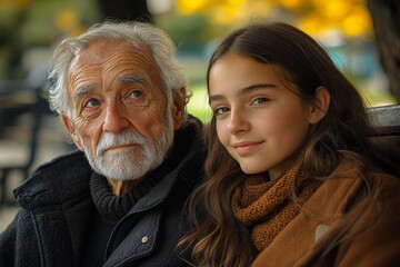 Fototapeta premium An old man sitting with a girl. Generative AI