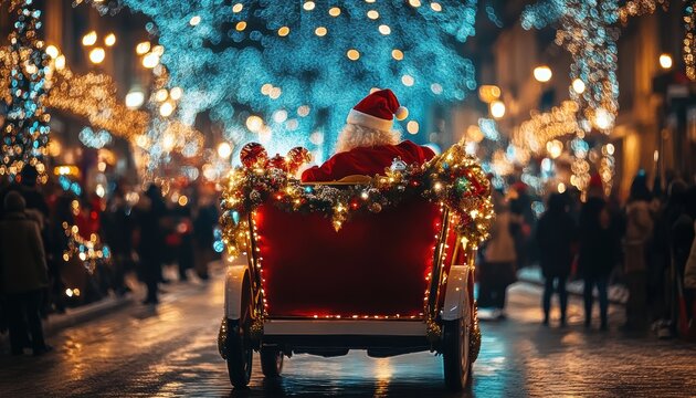 Santa Claus in a decorated cart, surrounded by festive lights and cheerful crowds.