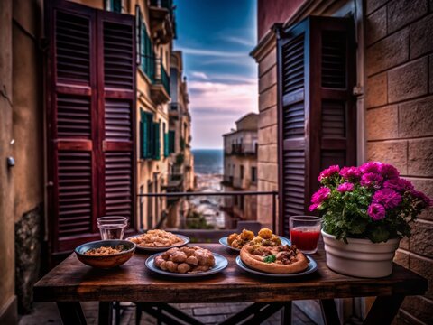 Traditional Maltese Balconies in Valletta with Local Cuisine and Colorful Details for Food Photography