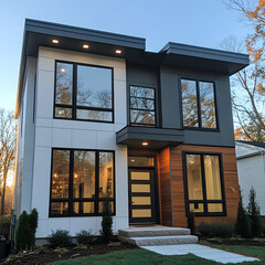 Modern Two-Story Townhome with Flat Roof and Large Square Windows in a Residential Setting