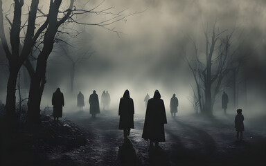 Fearful shadowy figures looming in fog