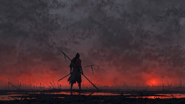 A warrior standing majestically holding a spear. //// https://www.youtube.com/@UUng_i