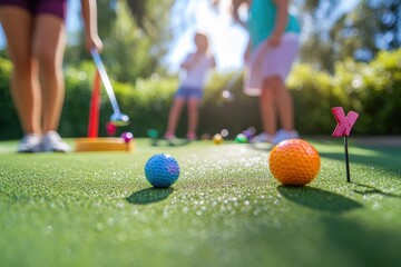 Friends Enjoying Mini Golf on a Sunny Day