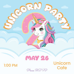 Birthday party invitation with beautiful unicorn and number 2. Cartoon character with colored hair and golden horn hid behind the clouds. Vector illustration in flat style