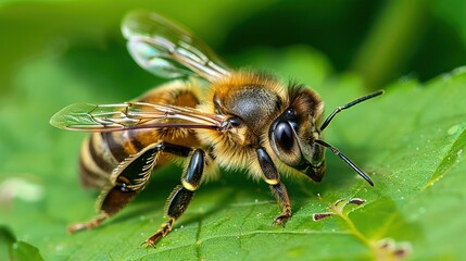 Close-up of a Honey Bee Resting on a Leaf