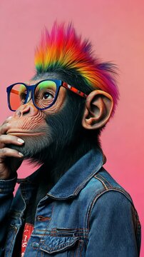 Cool monkey posing wearing denim jacket and colorful glasses