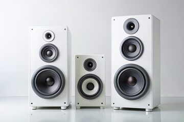 Naklejka premium Ultra Modern Speakers and Subwoofer on White Background for Contemporary Interior Design Showcase