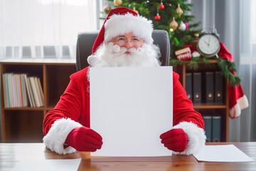 Fototapeta premium Santa Claus sitting at his desk with white blank piece of paper