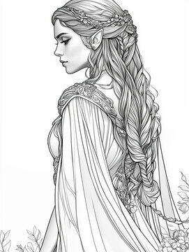 Coloring page, graceful elf girl in a beautiful long dress