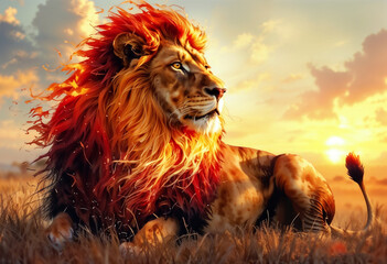 A majestic lion with a fiery red and orange mane rests gracefully in the golden light of sunset....