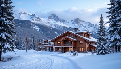 Charming wooden lodge surrounded by snow-covered trees and mountains in winter scenery