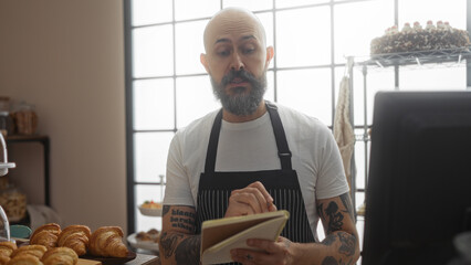 Hispanic man taking notes in a bakery shop with fresh pastries on display and cakes on shelves in the background
