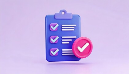 Colorful checklist with checkmarks and a tick symbol on a clipboard against a purple background, representing organization and task completion.