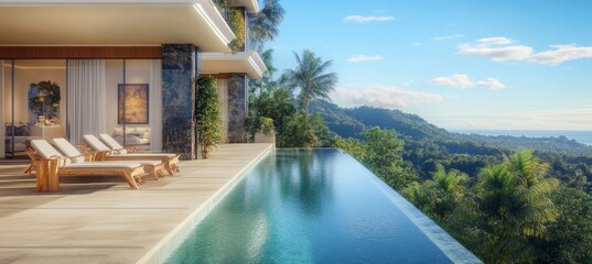 Fototapeta premium Modern Luxury Villa with Infinity Swimming Pool, Scenic Nature View, Tranquil Getaway