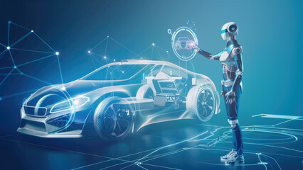 Futuristic robot interacting with a transparent car model in a digital environment